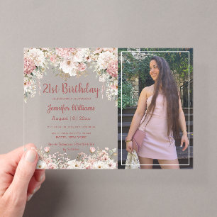 21st birthday pink floral photo party chic acrylic invitations