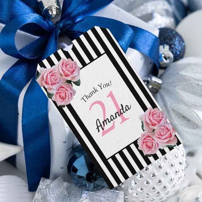 21st birthday pink florals black white stripes gift tags (Creator Uploaded)