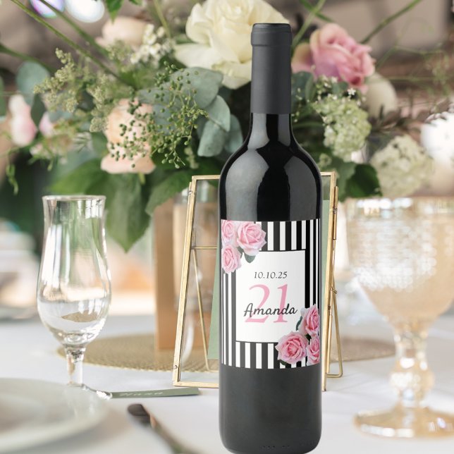 21st birthday pink florals black white stripes wine label (Creator Uploaded)