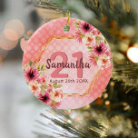 21st birthday pink florals gold geometric name ceramic tree decoration<br><div class="desc">A trendy ornament for a 21st birthday, as a favor, gift or keepsake. With a faux gold hexagon geometrical shaped frame. Decorated with watercolored dahlia flowers in pink, cream and coral. Living coral with polka dots as background. Templates for a name, age 21 and a date. Date of birth or...</div>