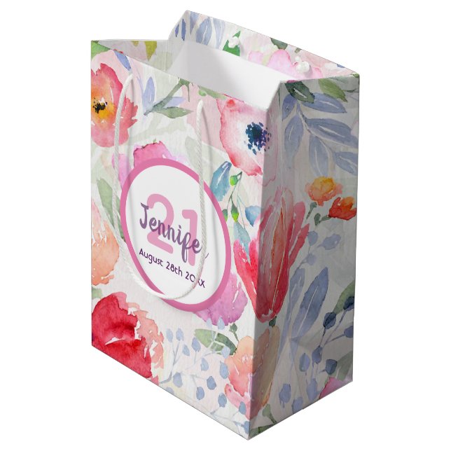 21st birthday pink florals pastel name medium gift bag (Back Angled)