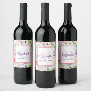 21st birthday pink flowers name wine label