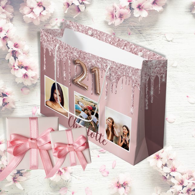  21st birthday pink glitter drips photo monogram large gift bag (Creator Uploaded)