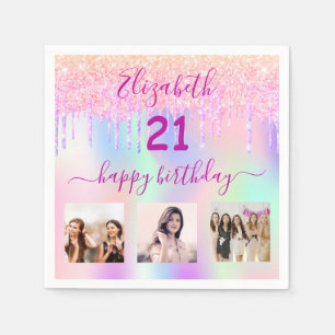 21st birthday pink holographic photo name napkin