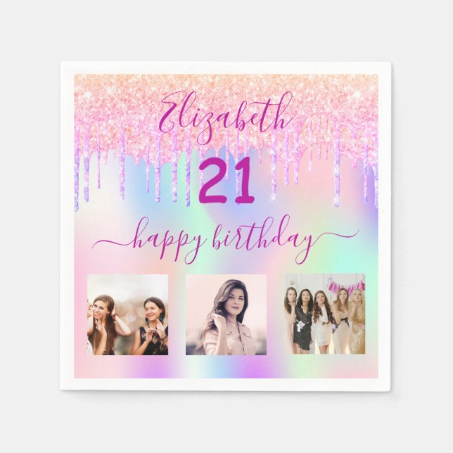 21st birthday pink holographic photo name napkin (Front)