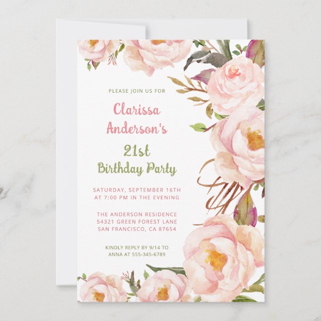 21st Birthday Pink Peony Floral Invitation (Front)