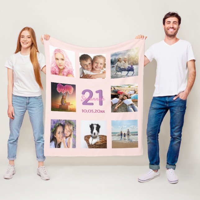 21st birthday pink photo collage fleece blanket (In Situ)