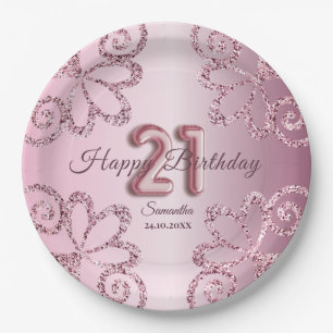 21st Birthday Pink Princess Glitter Balloon Script Paper Plate