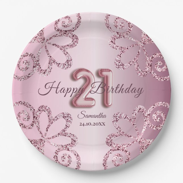 21st Birthday Pink Princess Glitter Balloon Script Paper Plate (Front)