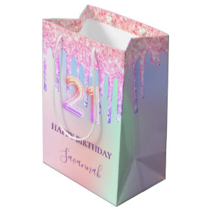 21st birthday pink purple glitter drips glamourous medium gift bag