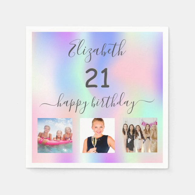 21st birthday pink purple holographic photo napkin (Front)