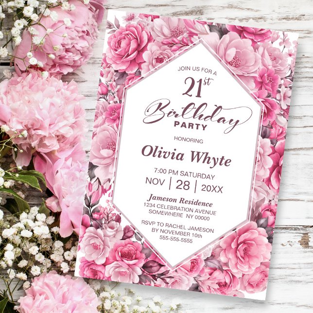21st Birthday Pink Rose Floral Party Invitation (Creator Uploaded)