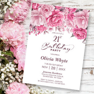 21st Birthday Pink Rose Floral Party Invitation