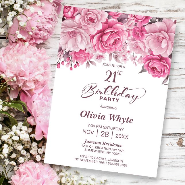 21st Birthday Pink Rose Floral Party Invitation (Creator Uploaded)