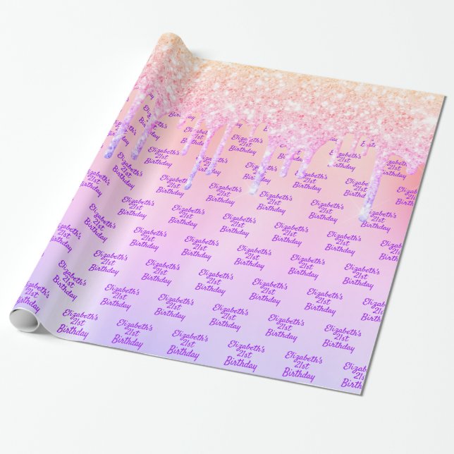 21st birthday pink rose gold glitter dripping wrapping paper (Unrolled)