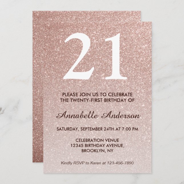 21st Birthday Pink Rose Gold Glitter Sparkle Ombre Invitation (Front/Back)