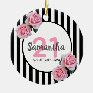 21st birthday pink roses black white stripes ceramic tree decoration