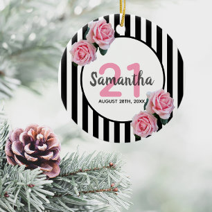 21st birthday pink roses black white stripes ceramic tree decoration
