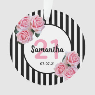 21st birthday pink roses black white stripes ornament