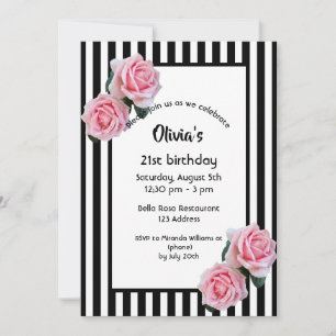 21st birthday pink roses on black white stripes invitation