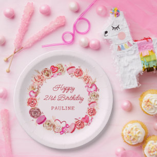 21st Birthday Pink Roses Swirly Heart Paper Plate