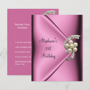 21st Birthday Pink Silk Pearl Jewel Lady Girl Invitation