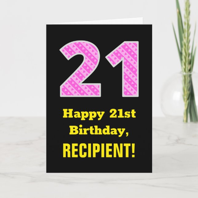 21st Birthday: Pink Stripes and Hearts "21" + Name Card (Front)