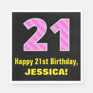 21st Birthday: Pink Stripes and Hearts "21" + Name Napkin