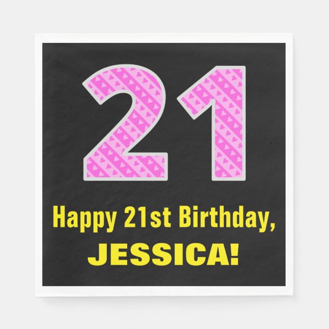 21st Birthday: Pink Stripes and Hearts "21" + Name Napkin (Front)