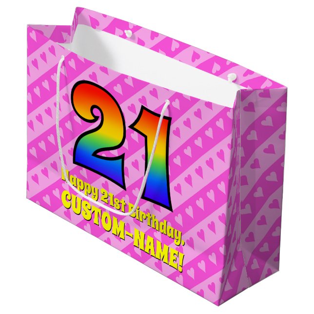 21st Birthday: Pink Stripes & Hearts, Rainbow # 21 Large Gift Bag (Front Angled)