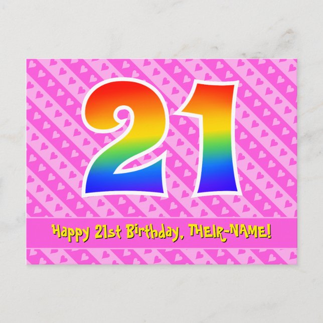 21st Birthday: Pink Stripes & Hearts, Rainbow 21 Postcard (Front)