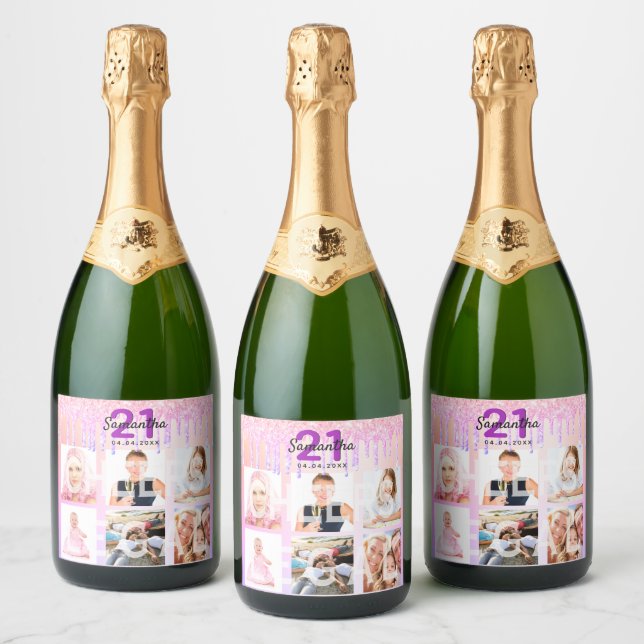 21st birthday pinkmrose gold photo glitter name sparkling wine label (Bottles)