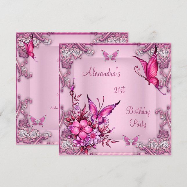 21st Birthday Pretty Pink Floral Butterfly Silver Invitation (Front/Back)