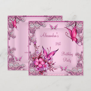 21st Birthday Pretty Pink Floral Butterfly Silver Invitation