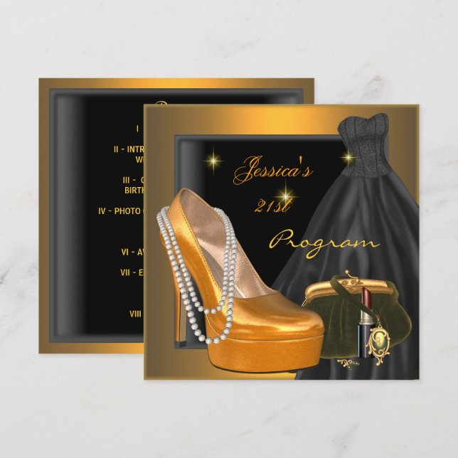 21st Birthday Program Shoe Gold Orange Black Invitation (Front/Back)
