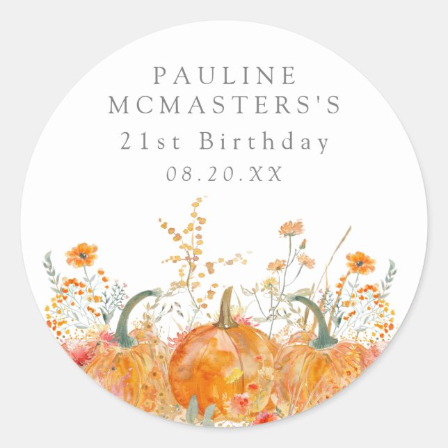 21st Birthday Pumpkin Wildflower Custom Favour Classic Round Sticker (Front)