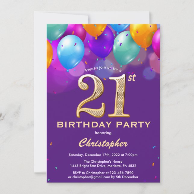 21st Birthday Purple and Gold Colourful Balloons Invitation (Front)