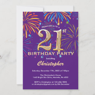 21st Birthday Purple and Gold Rainbow Fireworks Invitation