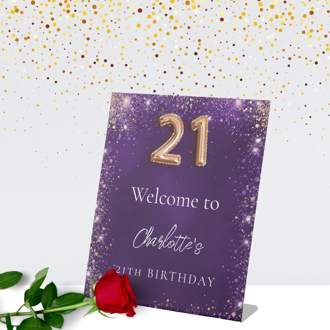21st birthday purple glitter sparkles welcome pedestal sign (Creator Uploaded)