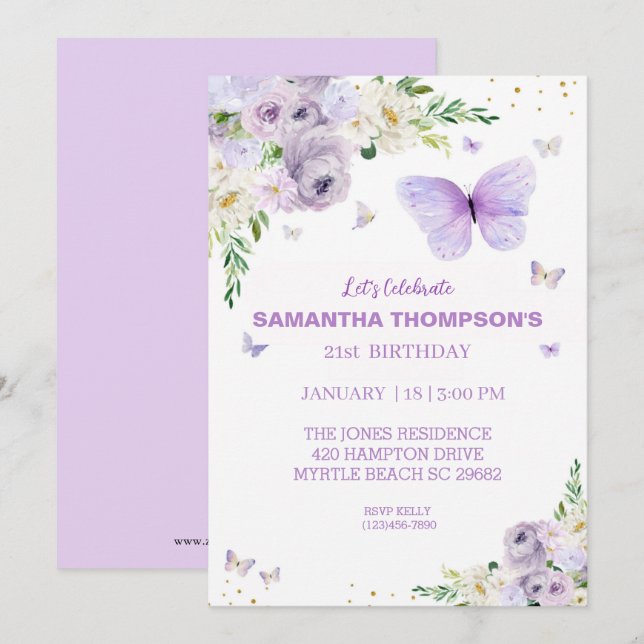 21st Birthday Purple Gold Floral Butterfly Invitation (Front/Back)