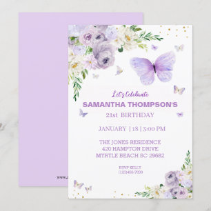 21st Birthday Purple Gold Floral Butterfly Invitation
