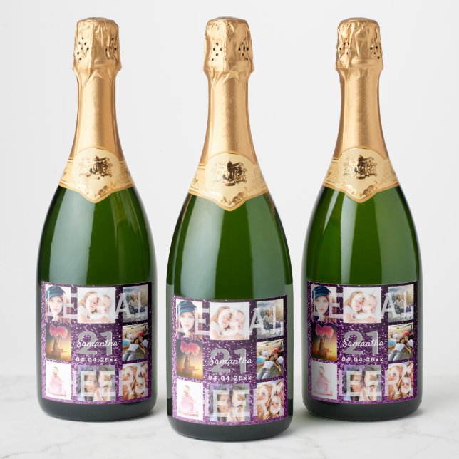 21st birthday purple legal glitter photo sparkling wine label (Bottles)