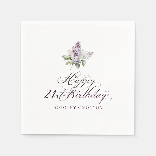 21st Birthday Purple Lilac Spring Flower Cocktail Napkin (Front)