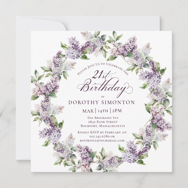 21st Birthday Purple Lilac Spring Flower Square Invitation (Front)