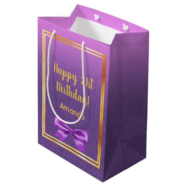 21st birthday purple pink glitter name medium gift bag (Back Angled)