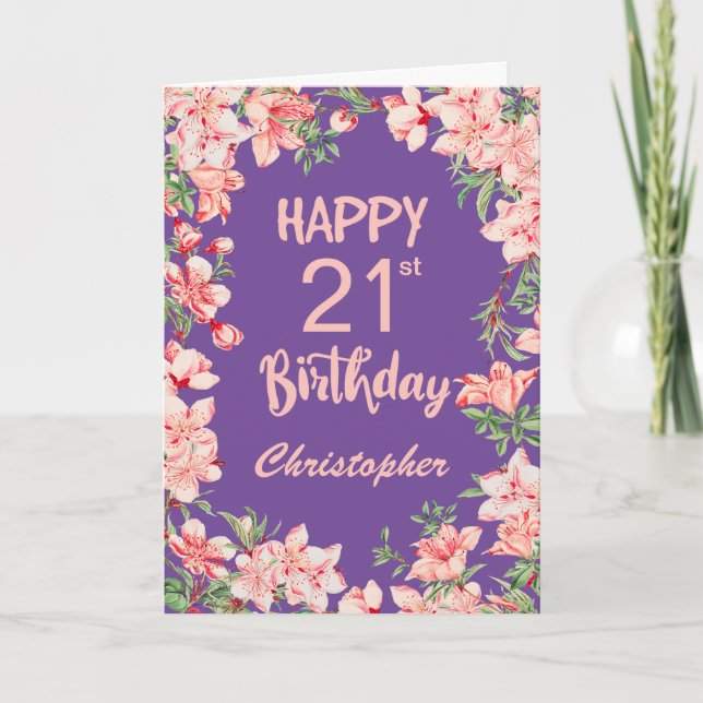 21st Birthday Purple Pink Peach Watercolor Floral Card (Front)