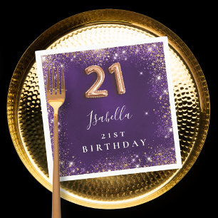 21st birthday purple rose gold name napkin