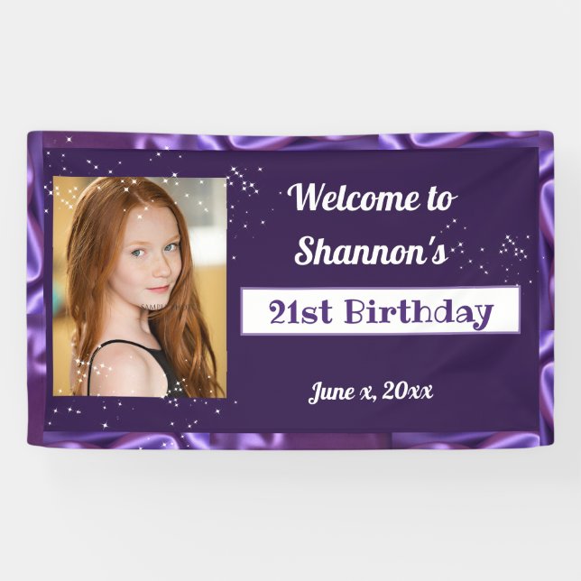 21st Birthday Purple Satin Custom Banner (Horizontal)