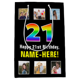 21st Birthday: Rainbow “21“, Custom Photos & Name Medium Gift Bag