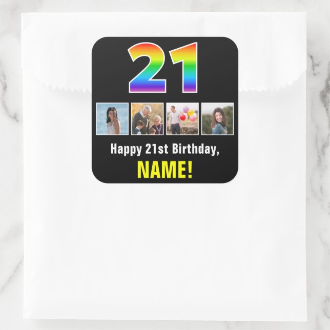 21st Birthday: Rainbow “21”; Custom Photos & Name Square Sticker (Bag)